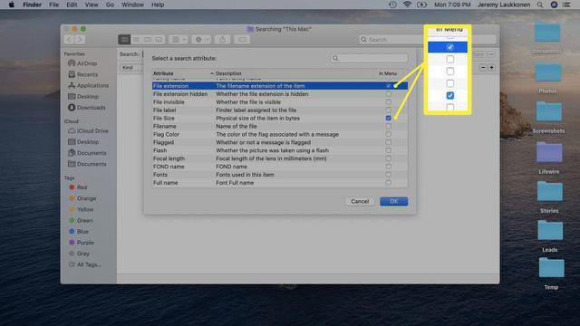 A screenshot of a Finder search attributes on macOS.