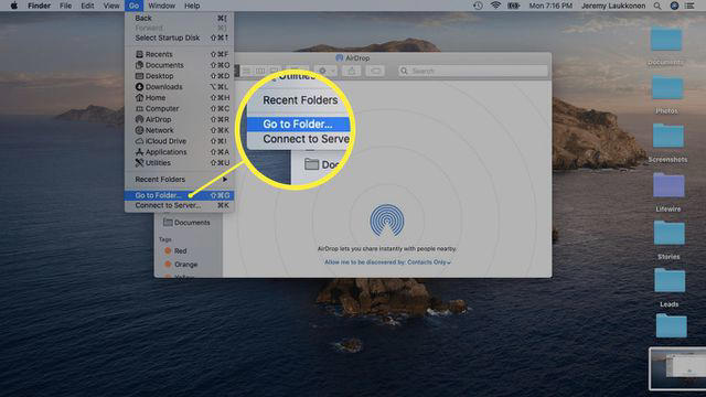 A screenshot of opening the go to folder option on a Mac.