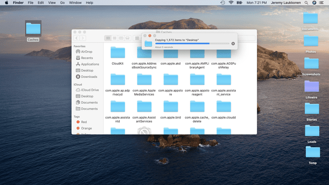 A screenshot of deleting cache files on a Mac.