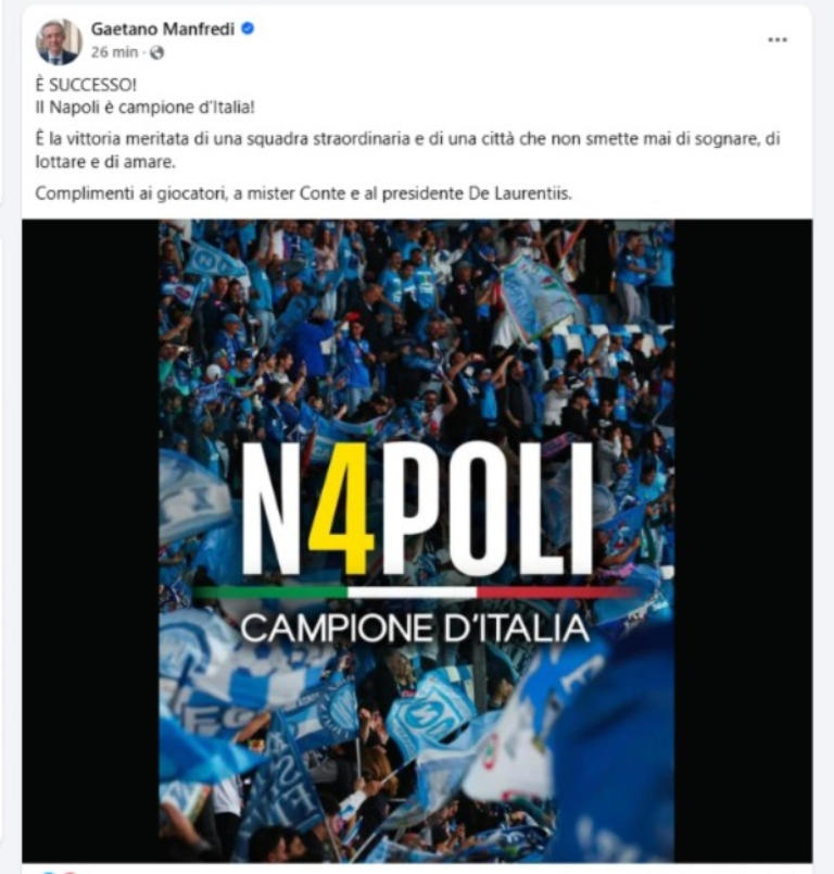 Manfredi: 'Città gioiosa, Napoli vincente non solo nello sport'