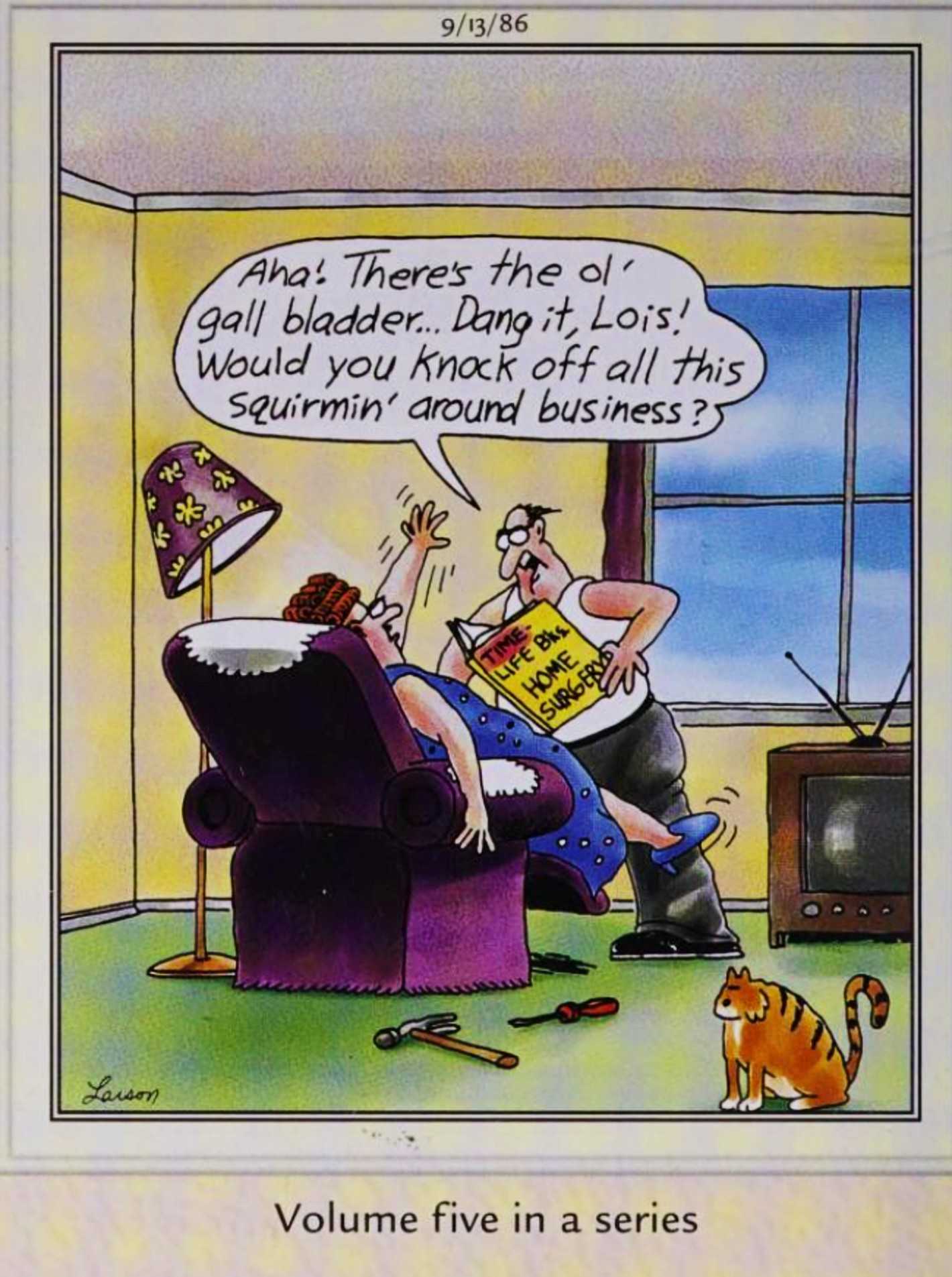 Far Side, September 13, 1986, a man performs galbladder surgery on his wife