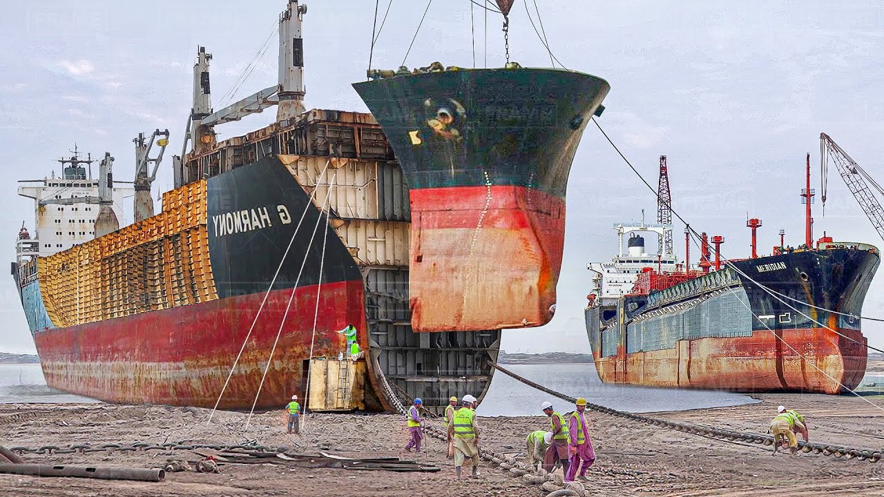 The process of scrapping and recycling a massive decommissioned ship
