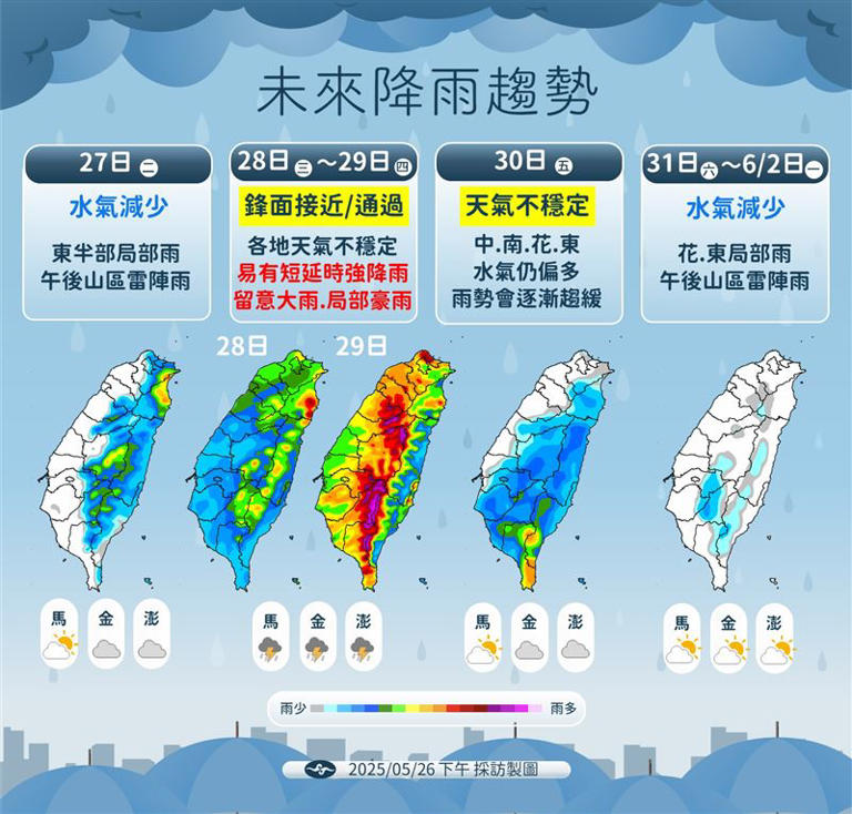 週三、週四鋒面到，全台留意降雨。（圖／氣象署提供）