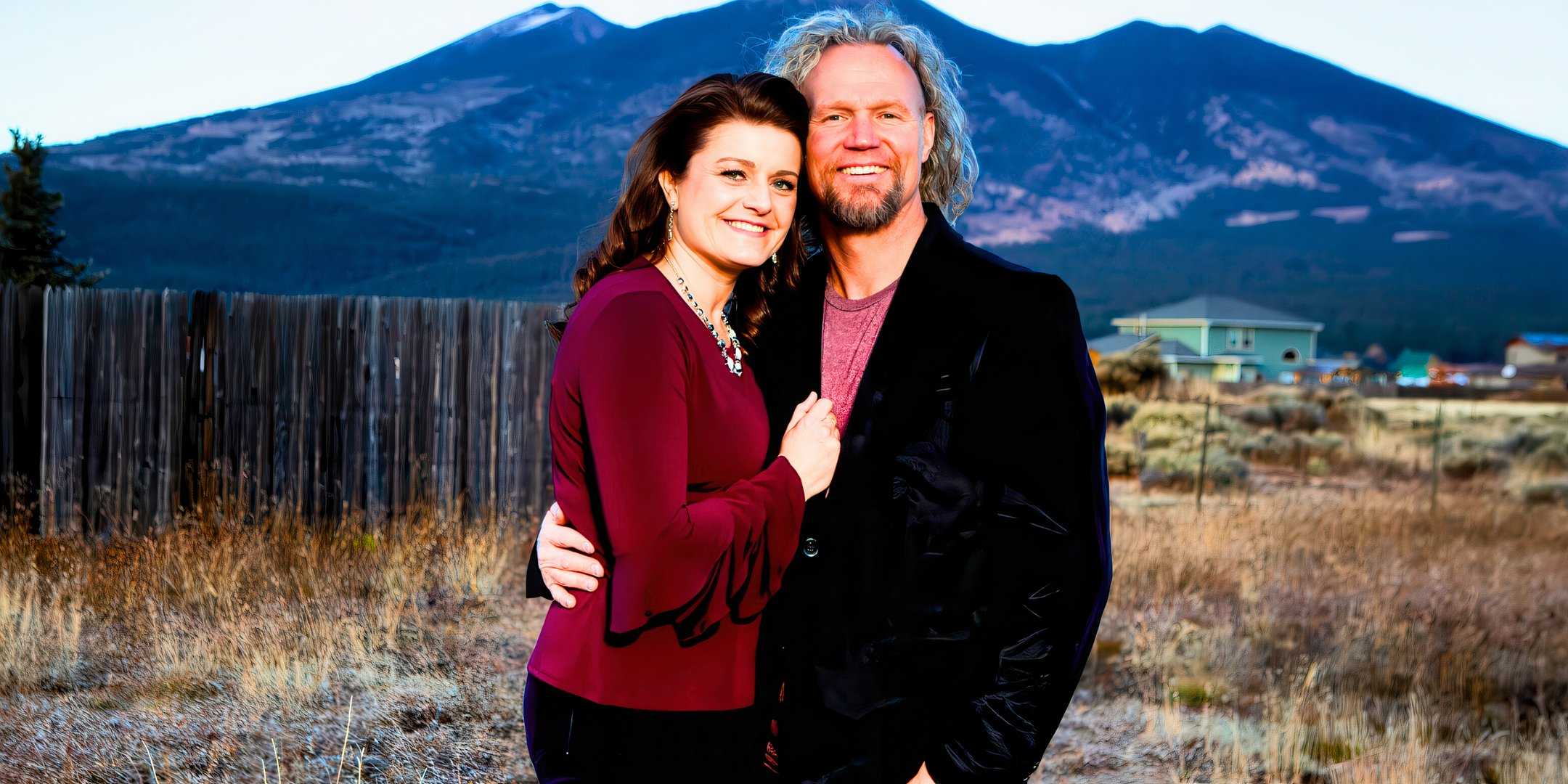 sister wives stars kody and robyn brown posing smiling in still photo with arizona background