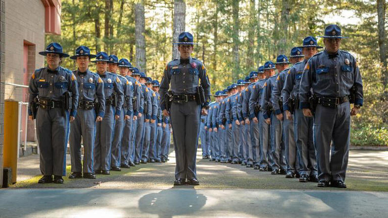 The Washington State Patrol's 119th Trooper Basic Training Class stands during an open house on Oct. 29, 2024. The WSP's net nanny operations have resulted in the arrests of over 300 alleged child predators since 2015. ©Washington State Patrol