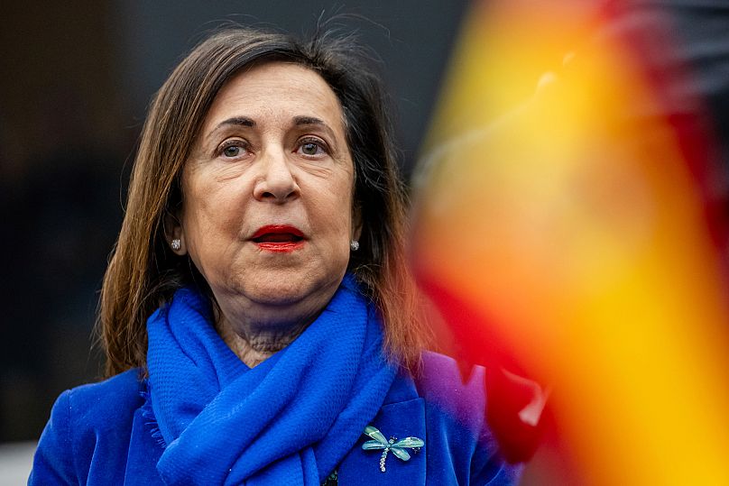 La ministra española de Defensa, Margarita Robles, llega a una reunión del Grupo de Contacto de Defensa de Ucrania en la sede de la OTAN en Bruselas, 11 de abril de 2025. AP Photo