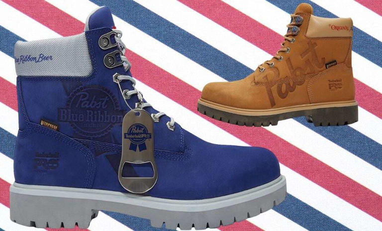 Pictured are the blue and "Wheat" colored men's Timberland PRO® and Pabst Blue Ribbon Direct Attach 6" Soft Toe Waterproof Work Boot.