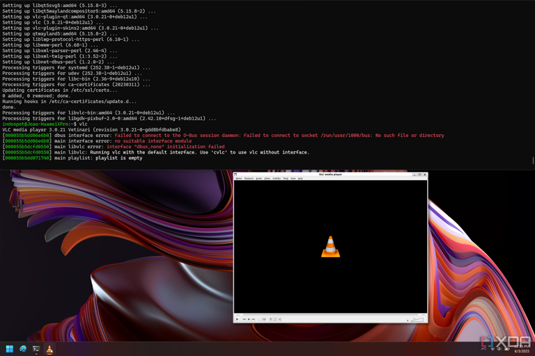 Screenshot of Windows Terminal in quake mode running Debian showing a command for launch VLC, with the respective VLC Linux window open underneath