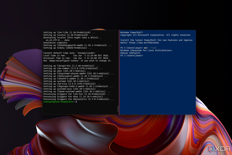 Screenshot of Windows Terminal showing a Debian WSL profile next to a Windows PowerShell profile