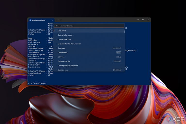 Screenshot of Windows Terminal showing the command palette showing the default list of commands