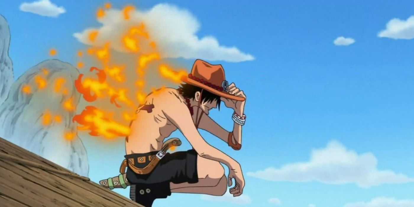 Portgas D. Ace looks nonplussed and has fire coming from him after being shot in One Piece's Post-Enies Lobby arc.