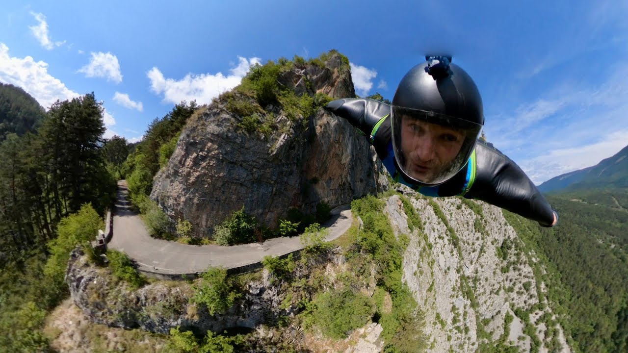 Wingsuit BASE jump road fly by | Immersive 360 VR