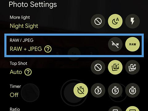screenshot of pixel 9a camera settings with blue box around raw settings