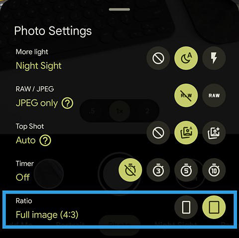a screenshot of pixel 9a camera settings with a blue box around aspect ratio