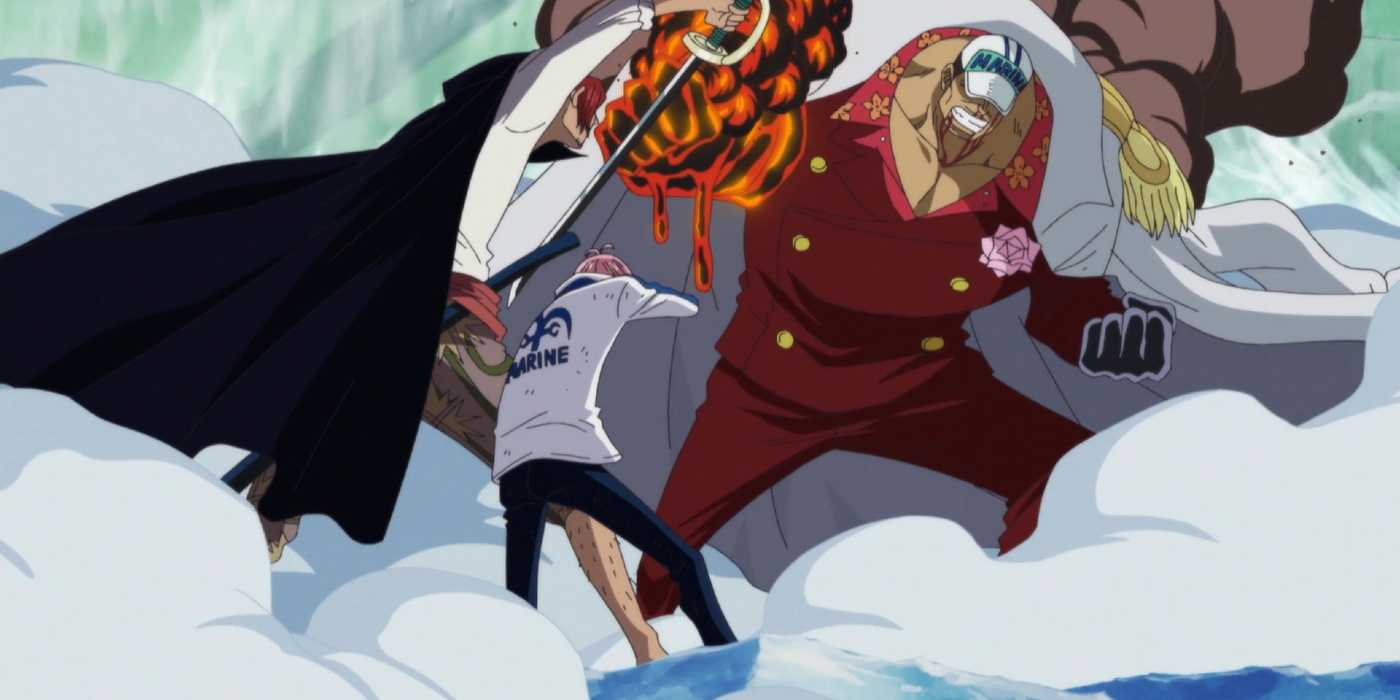 Admiral Akainu attacks Koby with the Mag-Mag Devil Fruit during One Piece's Marineford Arc