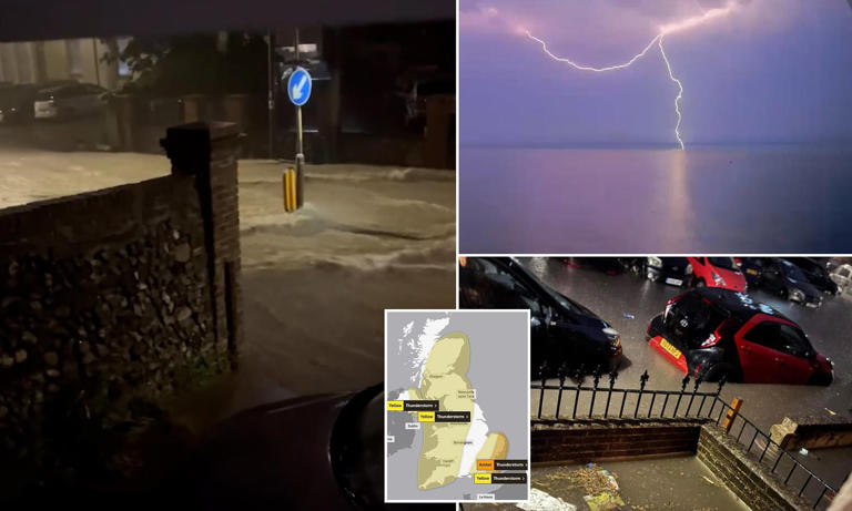 Moment water runs down streets as parts of Britain hit by thunderstorm