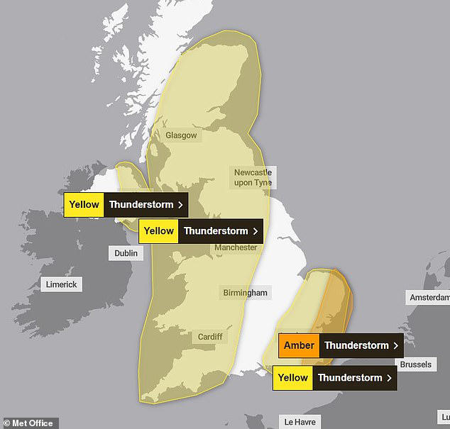 Weather warnings for thunderstorms on Saturday are widespread across the United Kingdom