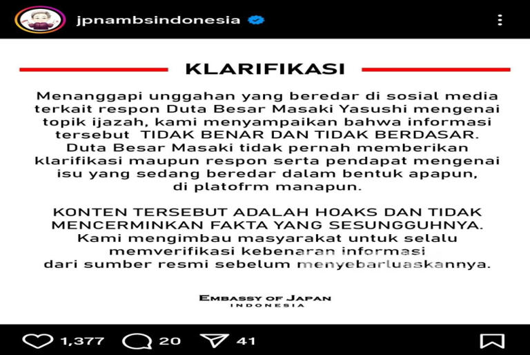 Klarifikasi Kedubes Jepang terkait video palsu Dubes Masaki Yasushi menuding ijazah Rismon Sianipar keluaran Yamaguchi University dituding palsu.