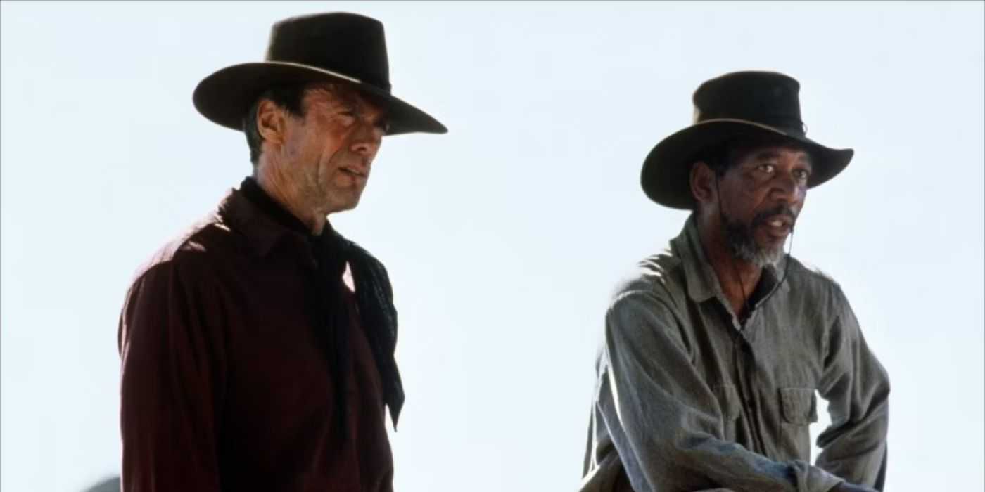 Clint Eastwood and Morgan Freeman as Will Munny and Ned Logan on horseback in Unforgiven