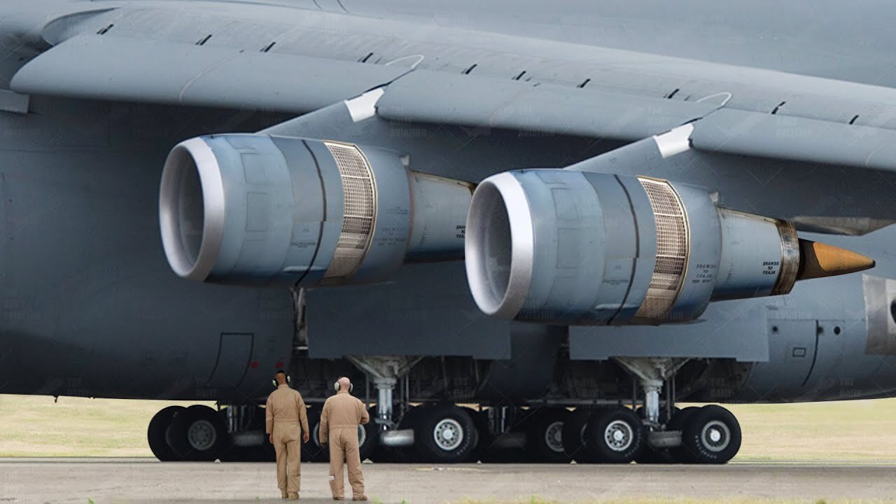 US C-5 Galaxy weighing 420 tons performs a full thrust reverse maneuver