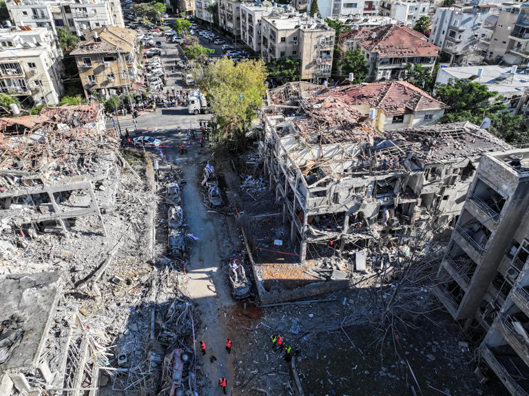 A drone photo shows the damage over residential homes at the impact site following missile attack from Iran on Israel, in Ramat Gan, Israel June 14, 2025.