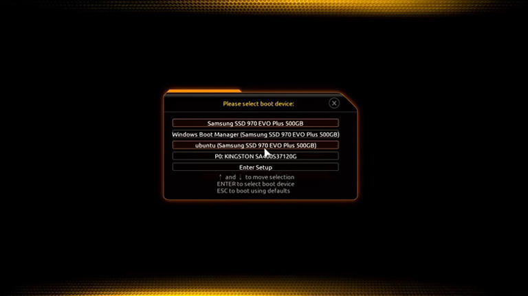 Dual boot menu showing Windows and Linux