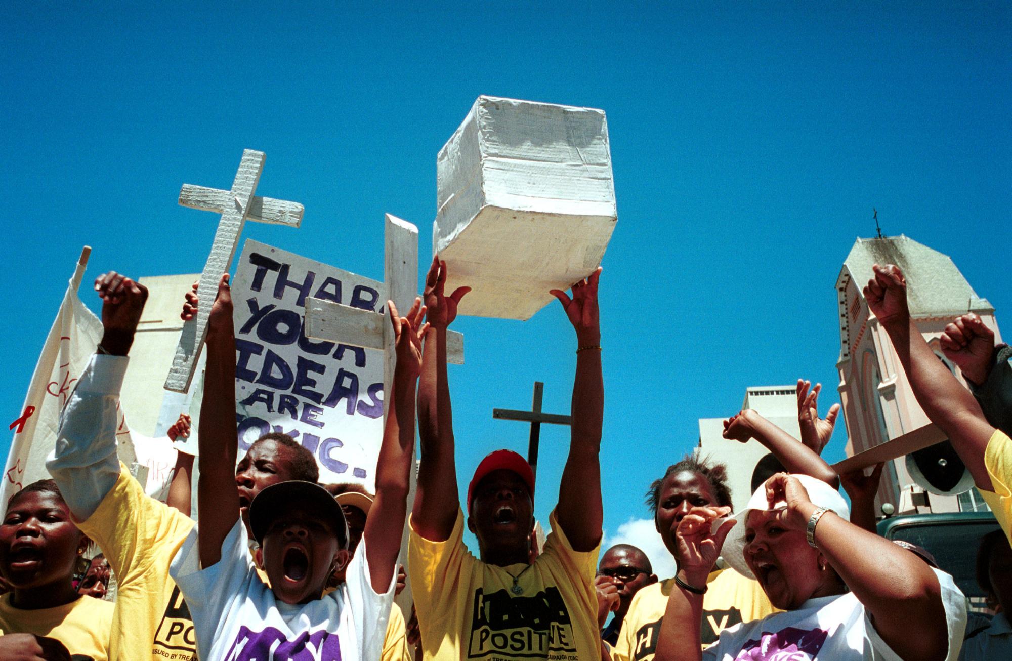 A march in Cape Town in 2001, protesting against Thabo Mbeki’s Aids policies. About 70,000 babies a year were born with HIV, despite drugs being available to stop this. Photograph: Getty
