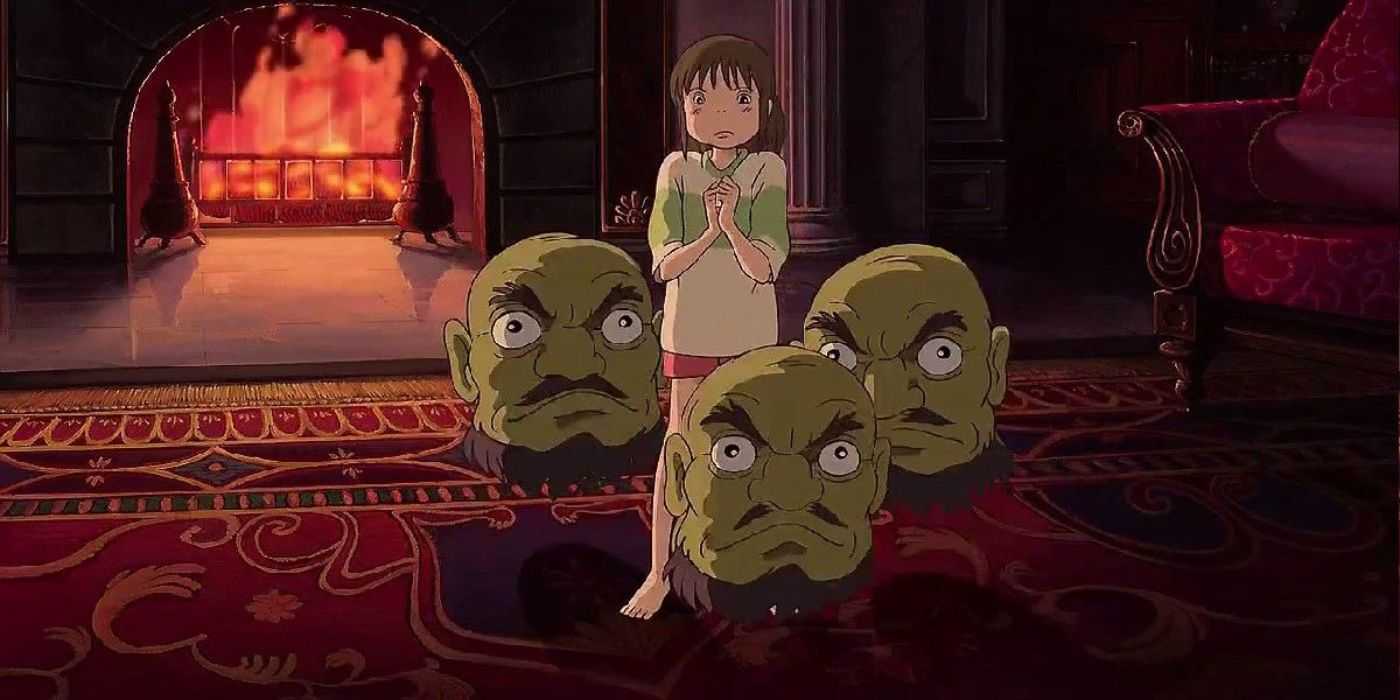 The Kashira Heads from Spirited Away are surrounding a nervous Chihiro.