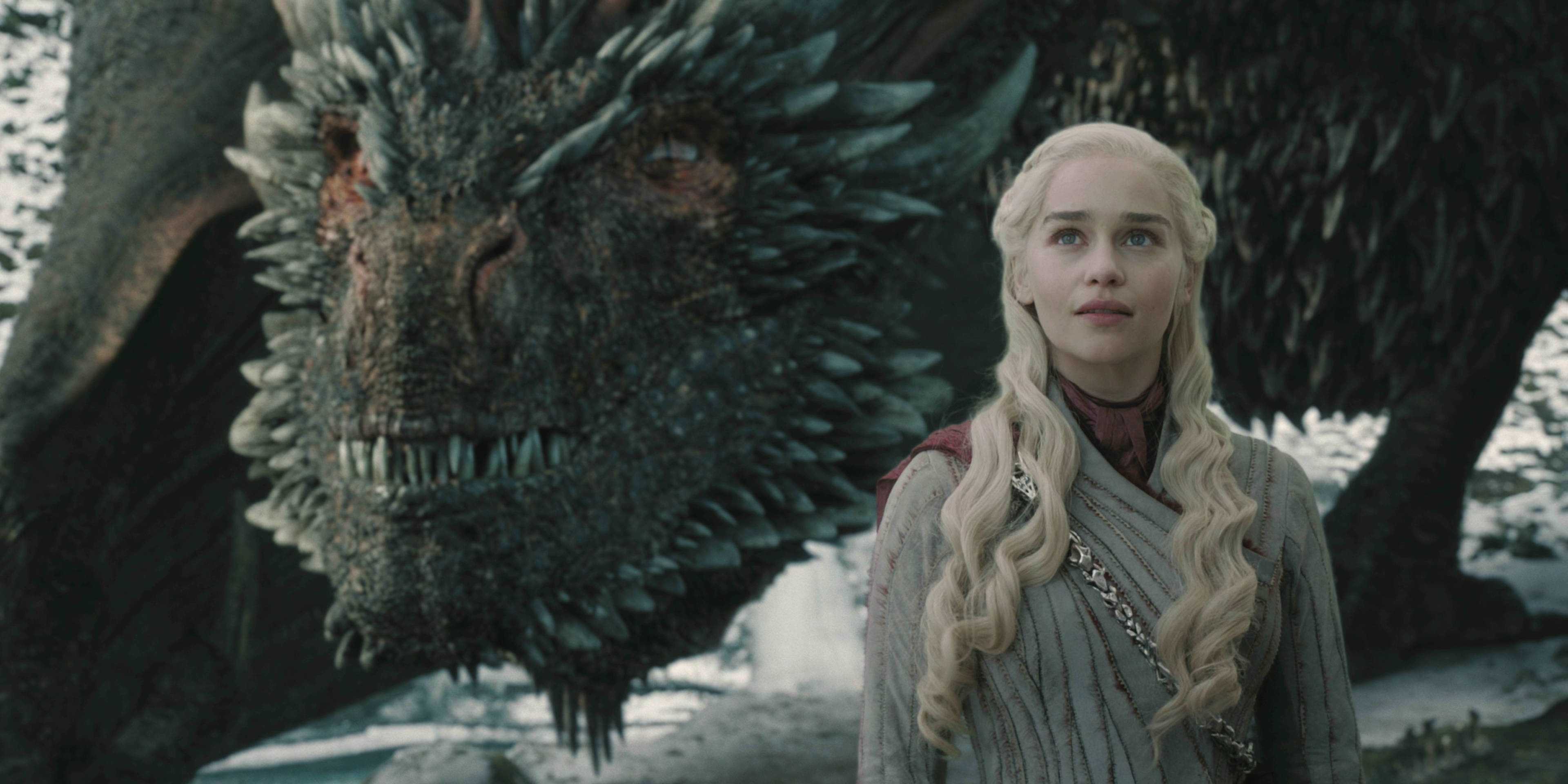 Daenerys Targaryen (Emilia Clarke) standing beside Her Dragon Drogon In Game Of Thrones Season 8, Episode 4,