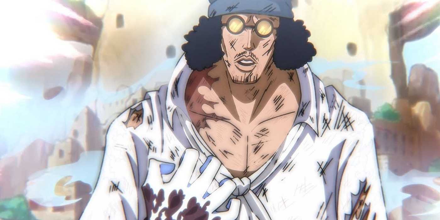 Aokiji talks while his hand is white with ice in One Piece