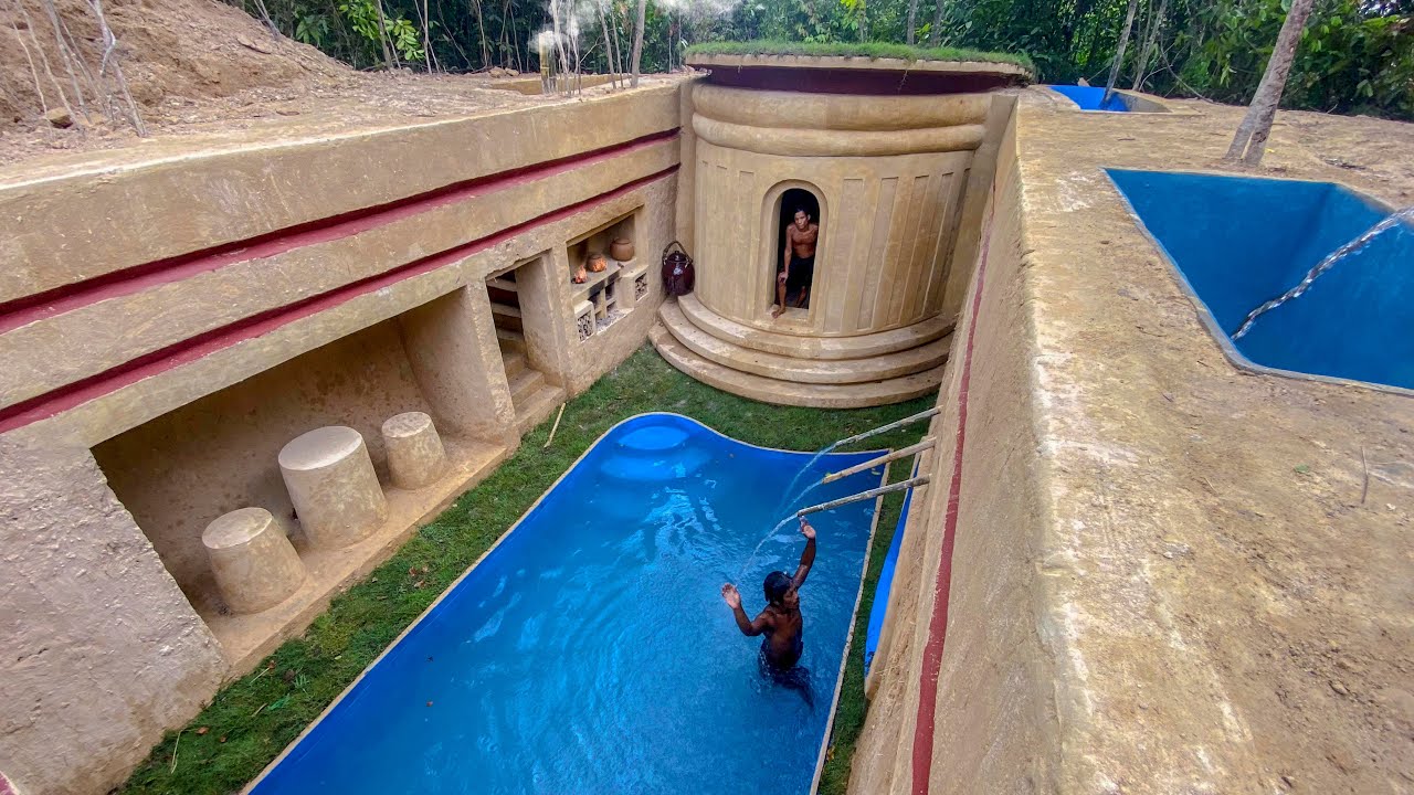 100 days building an underground temple house with water slide to ...