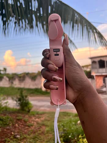 reviewer holding up pink fan in front of a palm tree