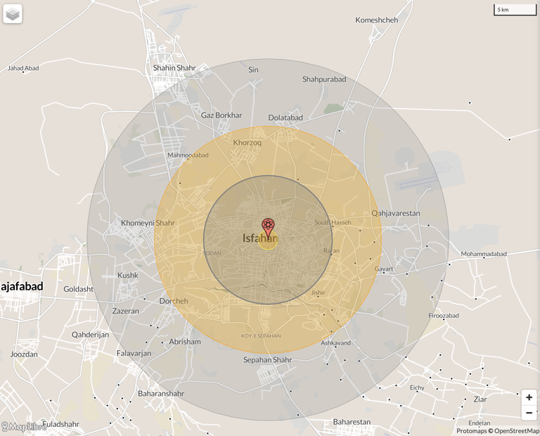 A map showing the impact of an attack on Isfahan, Iran. Newsweek used maps produced by Alex Wellerstein to assess what the impact would be if the U.S. attacked with the B-83. NUKEMAP