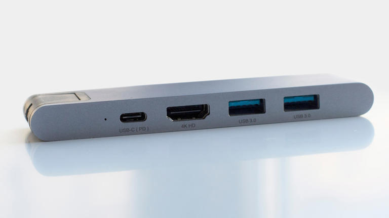 A laptop dock with multiple ports.