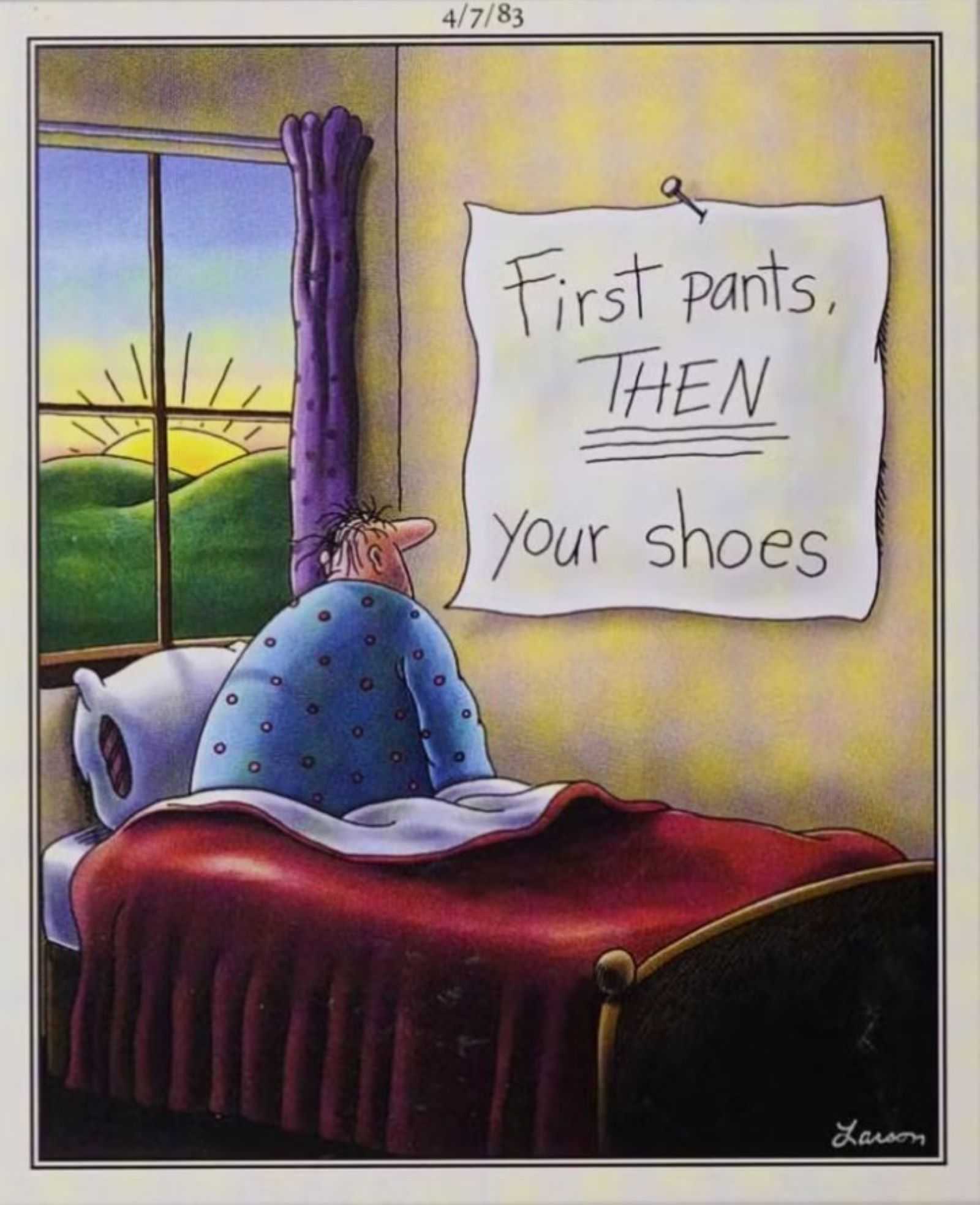 Far Side COmics first shoes and then pants wake up morning