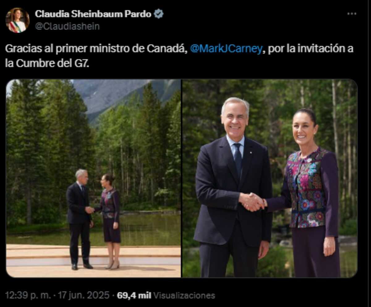 Mark Carney recibe a Sheinbaum a su llegada al G7; Presidenta se reúne con Primer  Ministro de la India