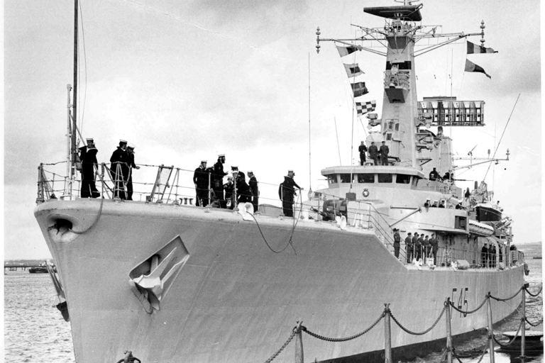 HMS Minerva, a Leander-class frigate from Portsmouth, joined the Task Force later and arrived May 26. Assigned escort duties, she performed air-warning and radar surveillance. On June 1, her radar spotted an Argentinian C‑130, directing Sea Harriers which ultimately downed the aircraft. Minerva completed her deployment unscathed and returned to Devonport, contributing to ongoing South Atlantic presence post-conflict.