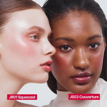 Two models with glowing skin displaying make-up shades: JR01 Squeezed and JS03 Couverture