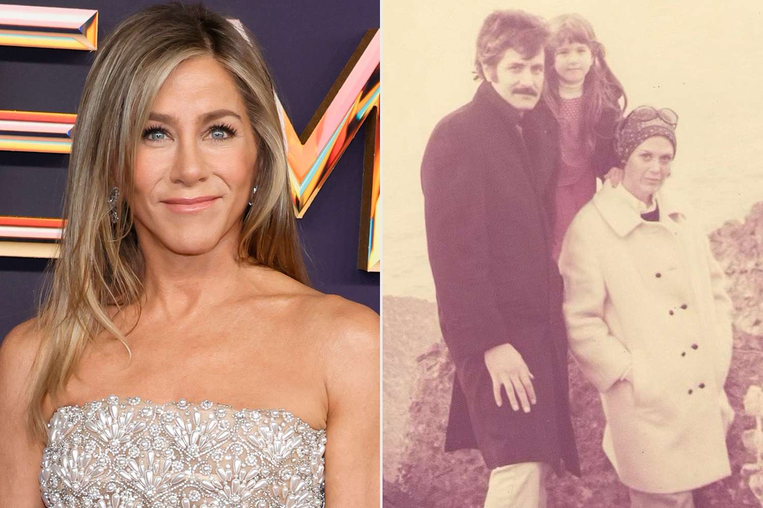 Frazer Harrison/Getty; Jennifer Aniston/Instagram Jennifer Aniston in September 2024, Jennifer Aniston as a child with her parents.