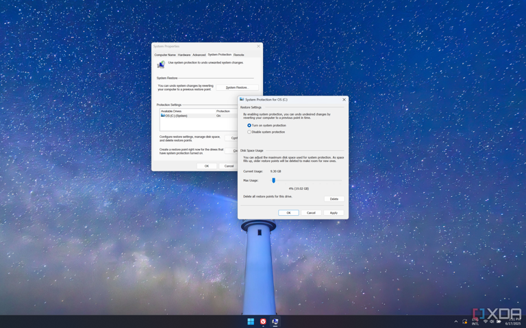 Screenshot of Windows 11 showing System Restore settings