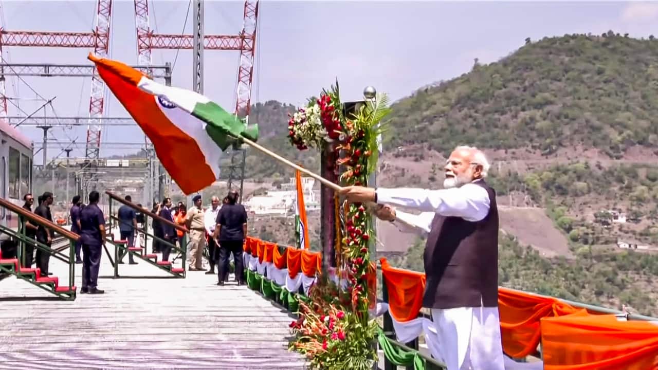 PM Modi Inaugurates Chenab Bridge, Flags Off Vande Bharat in J&K On June 6, 2025, Prime Minister Narendra Modi inaugurated the world’s highest railway arch bridge—the iconic Chenab Railway Bridge—in Jammu and Kashmir’s Reasi district. In a historic push for railway infrastructure in the Union Territory, he also flagged off the Vande Bharat Express from Katra to Srinagar and unveiled the Anji Khad Bridge, India’s first cable-stayed railway bridge. These projects are integral to the Rs 43,780-crore Udhampur-Srinagar-Baramulla Rail Link (USBRL), a strategic national project aimed at bringing the Kashmir Valley onto India’s railway map. (Image: PTI)