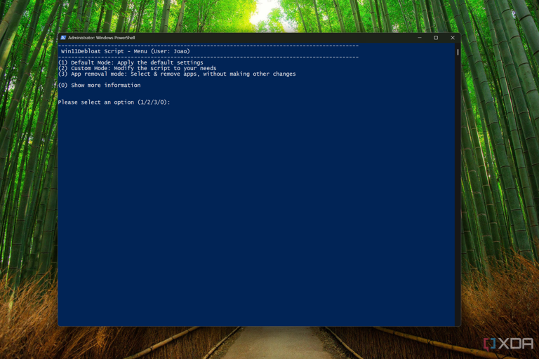 Screenshot of PowerShell running the Win11Debloat script