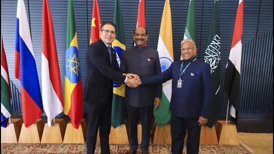 Lok Sabha Speaker Om Birla and Rajya Sabha Deputy Chairman Harivansh Narayan Singh during the 11th BRICS Parliamentary Forum, in Brasilia, Brazil.