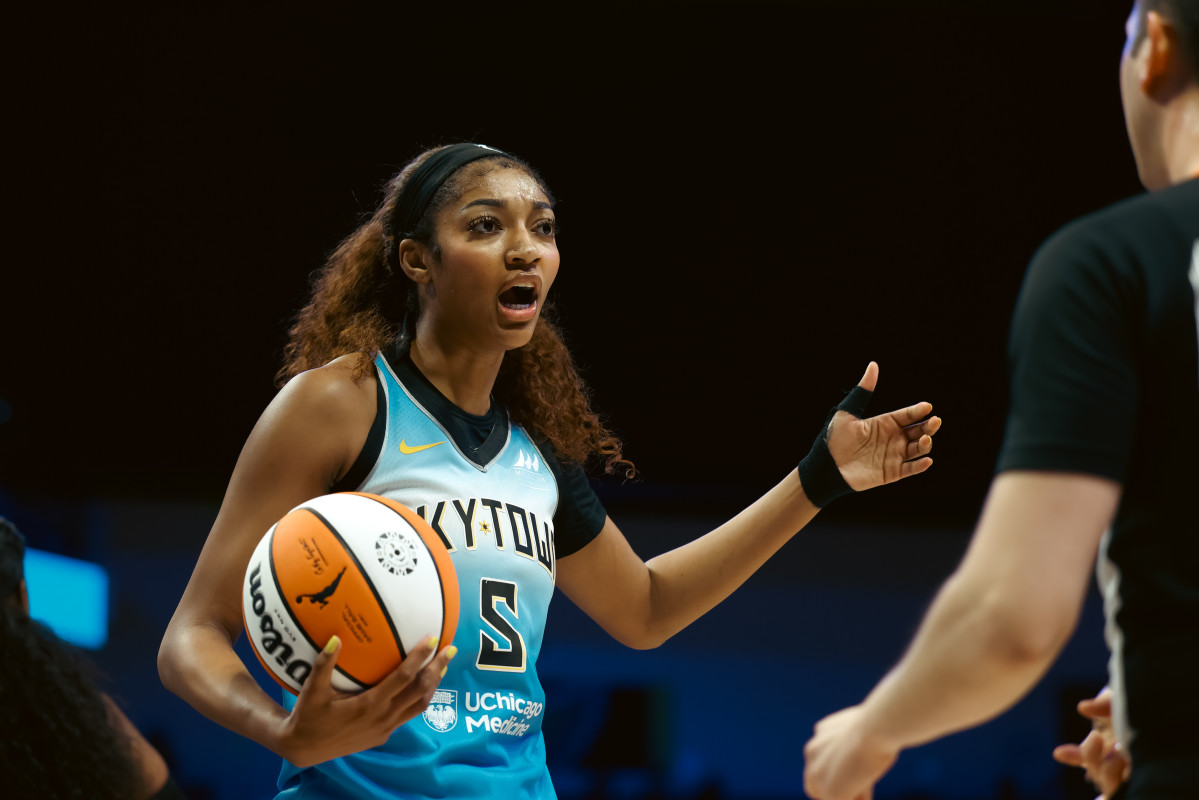 Chicago Sky forward Angel Reese (5) reacts to an official during the first half against the Dallas Wings. Mandatory Credit: Chris Jones-Imagn Images