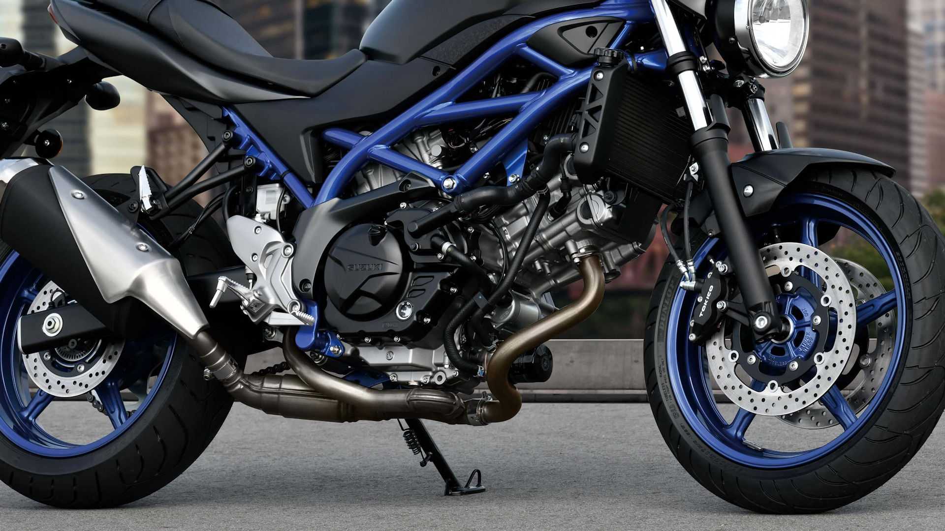 Black 2023 Suzuki SV650 engine close-up