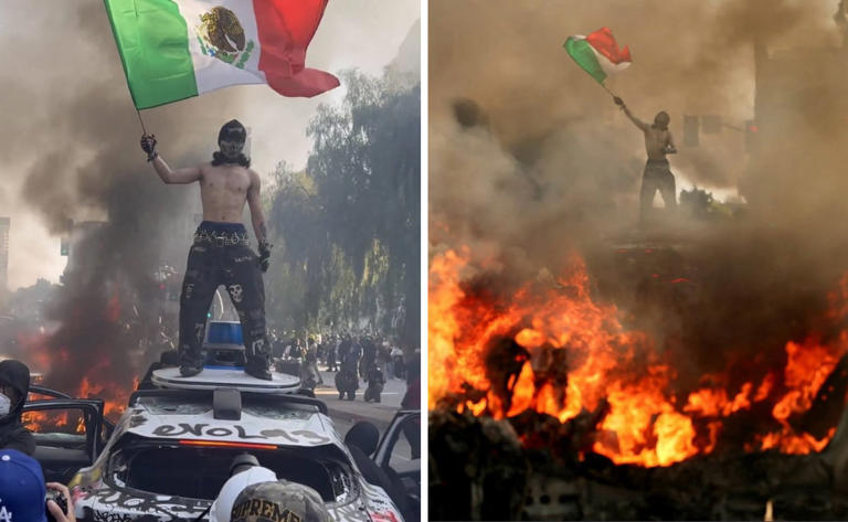 Una fotografía tomada durante las protestas contra ICE en Los Ángeles muestra a un hombre encapuchado ondeando una bandera mexicana Foto: Captura de pantalla en X