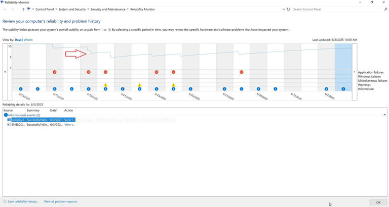 How to find the reliability index inside the Windows Reliability Monitor.