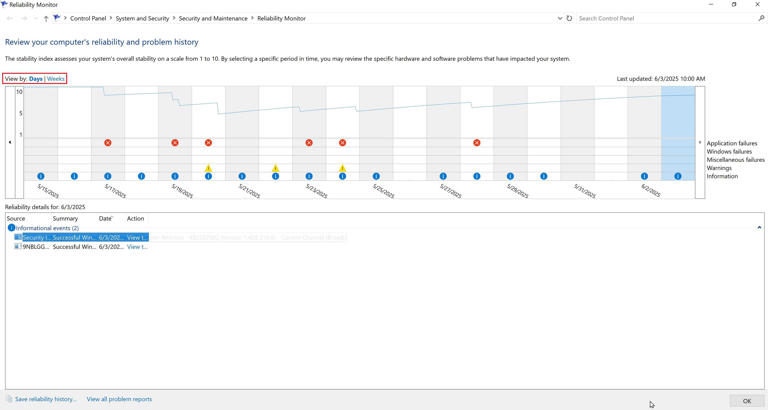 Where to find the date sort inside the Windows Reliability Monitor.