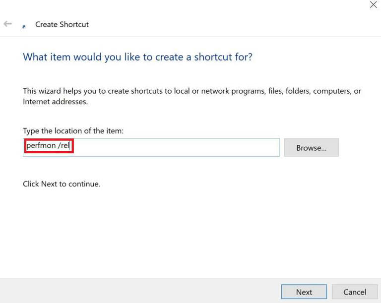 A view inisde of the Create Shortcut dialog box where you need to add the path to the shortcut.