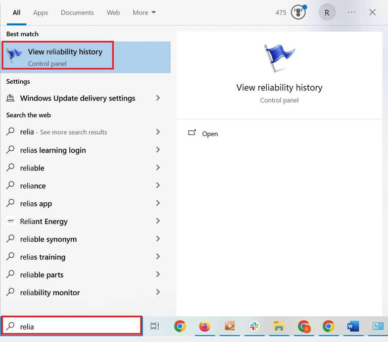 Accessing Windows Reliability Monitor from the Windows start search box.